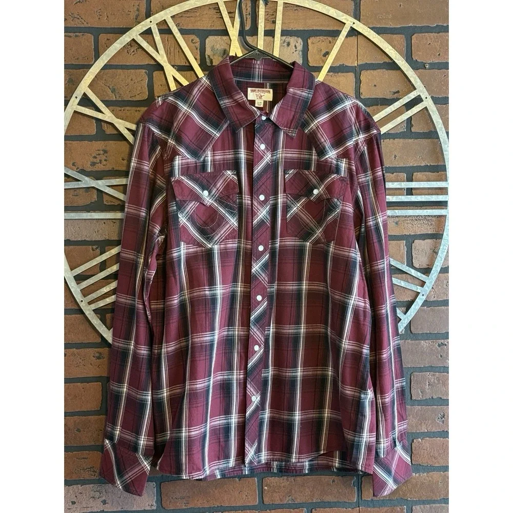 Men's True Religion Long Sleeve Plaid Pearl Snap Western Shirt Maroon Size XL
